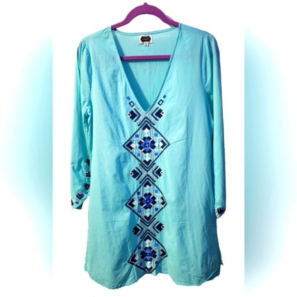 Mud Pie Tops - Mudpie light blue cotton long sleeve embroidered tunic​